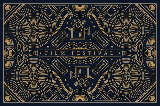 Festival poster background, with golden vintage, reels, strips, cameras, and cinema tickets, on a dark, blue deco style surface