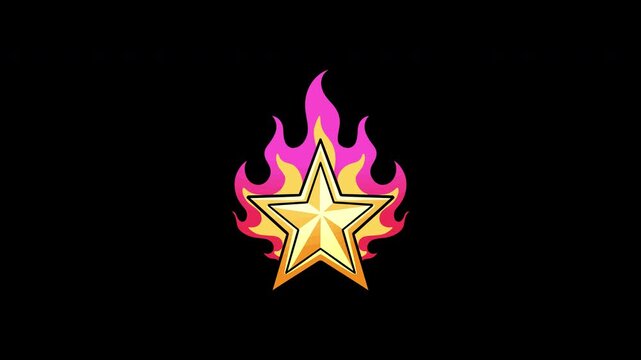 Animated star with vibrant pink, yellow, and orange flames cartoon style isolated on dark background in 4K animated. Burning star unleashing its blazing mode and transforming into a powerful animated 