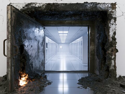 A dramatic scene unfolds as a damaged vault door, scorched and broken, reveals a pristine, brightly lit server room beyond.