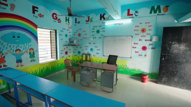 Colorful elementary classroom with benches, alphabet wall murals, and rainbow mural in rural Maharashtra school. Whiteboard and teacher's desk with decorated walls showing educational drawings.