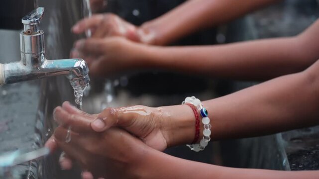 Multiple children wash their hands together at a metal faucet with running water in an outdoor school setting. The close-up shot shows hands under flowing water, showing basic daily hygiene practice.