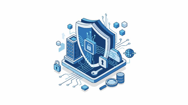 Isometric Cybersecurity Concept with Digital Shield and Circuitry Elements.