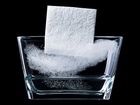 A white textured paper absorbs a frothy white liquid in a clean clear glass container against a stark black background.