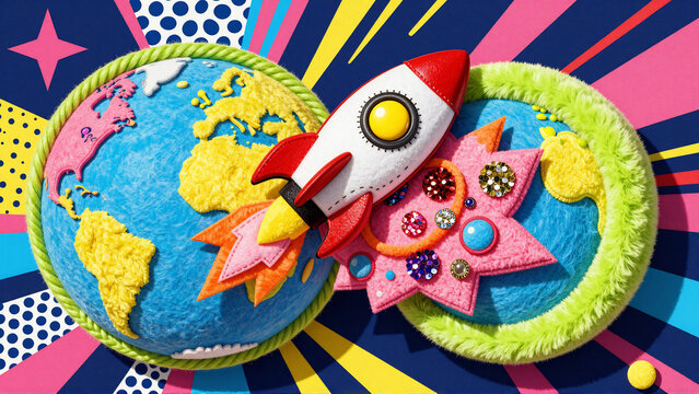 Colorful Space Rocket Launching Craft Art Illustration