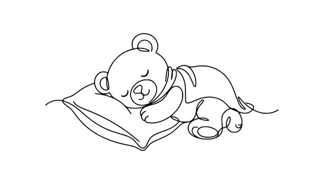 Cute teddy bear sleeping on pillow, continuous line art, isolated on transparent background
