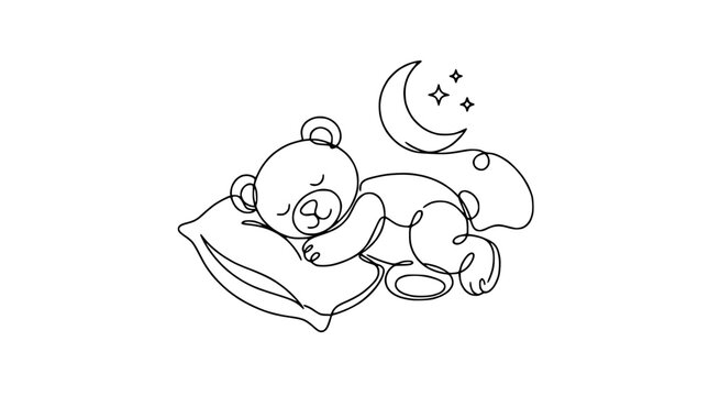 Cute teddy bear sleeping on pillow with moon and stars, continuous line art