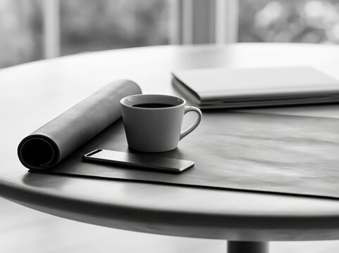 A minimalist arrangement of a smartphone, a rolled-up mat, a steaming cup of coffee, and a closed laptop sits on a round table, evoking a sense of calm and focus in a modern setting.