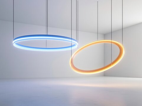 Two modern, abstract ring-shaped light fixtures, one glowing blue and the other orange, hang suspended in a minimalist, brightly lit space, creating a futuristic and artistic ambiance.