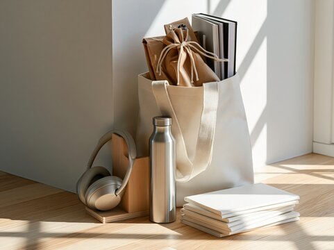 A canvas tote bag overflowing with books and wrapped gifts sits beside a sleek metal water bottle and a pair of headphones, bathed in dappled sunlight.