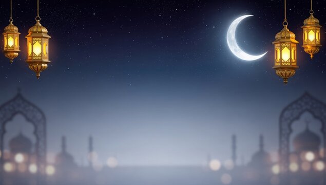 Moonlit night scene with hanging lanterns and mosque architecture