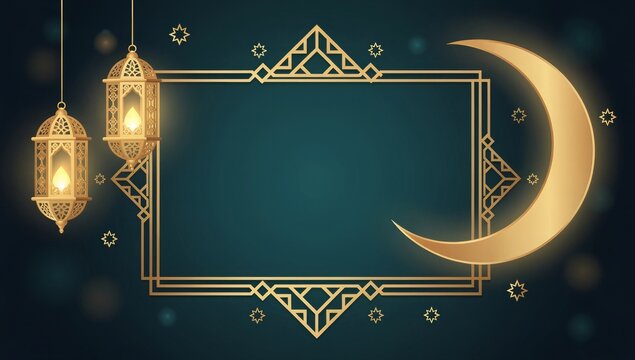 Islamic crescent moon with lanterns and geometric frame design