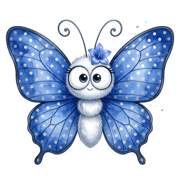 Cute blue butterfly with white polka dots and a blue flower illustration butterfly watercolor illustration character isolated background