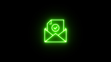 Green neon icon of an envelope with a verified document showing a checkmark inside a circle representing successful email delivery isolated on black background. © iexpert360