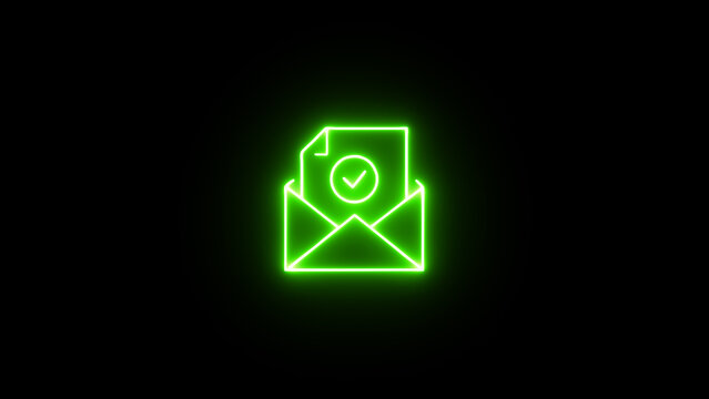 Green neon icon of an envelope with a verified document showing a checkmark inside a circle representing successful email delivery isolated on black background.