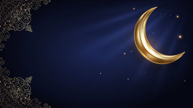 Golden crescent moon over dark night sky with decorative border