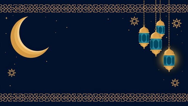 Islamic crescent moon and hanging lanterns on dark blue background