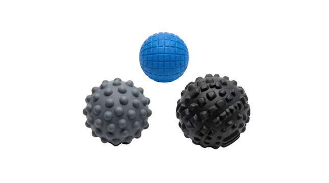 Textured massage balls for physical therapy. Spiky trigger point rollers for muscle recovery. Rubber myofascial release tools on white background.