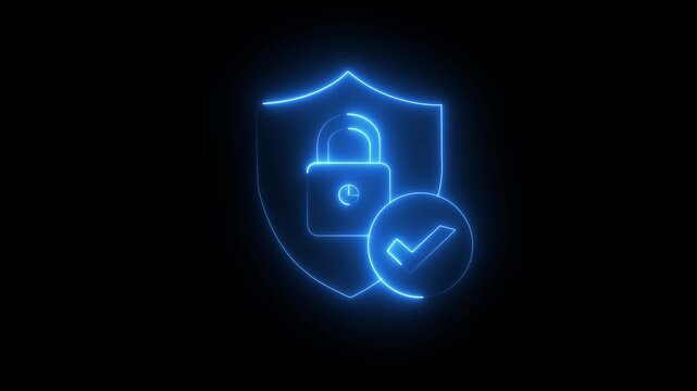 Neon  Cyber security shield with lock and checkmark animation on black background. Glowing neon cyber security shield with lock and checkmark for data protection and digital privacy concepts. 4k