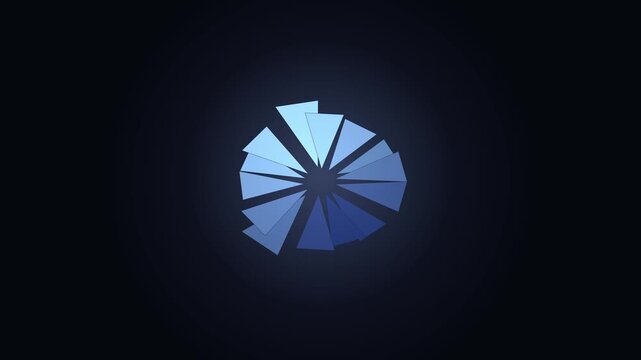 3D animation of a rotating polyhedron made of polygons changing shape, blue abstract geometric motion graphic
