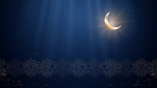 Crescent moon shining over illuminated islamic architectural patterns at night