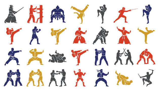 Martial Arts and Combat Sports Colored Silhouette Vector Icon Set Featuring Karate Taekwondo Boxing Judo Muay Thai Kung Fu Wrestling and Fencing Poses