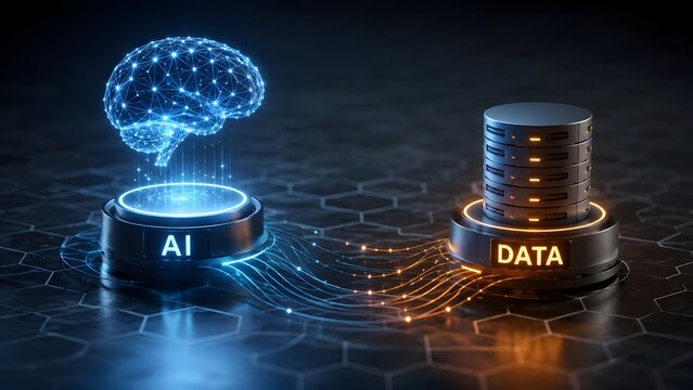 Artificial intelligence data processing concept with glowing digital brain connected to server rack for machine learning analysis