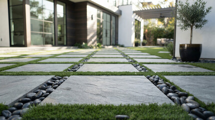 Fototapeta premium Modern backyard patio with square stone pavers, artificial grass, and decorative river rocks leading to a contemporary luxury home