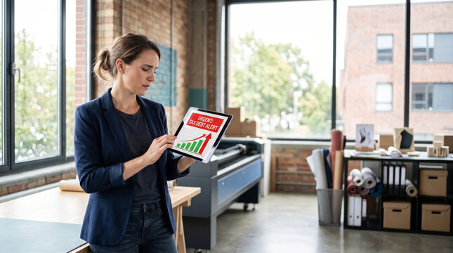 Worried businesswoman holding tax debt alert tablet in workshop