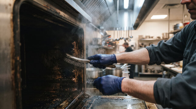 Professional chef cleaning a dirty commercial oven interior with a wire brush in a restaurant kitchen