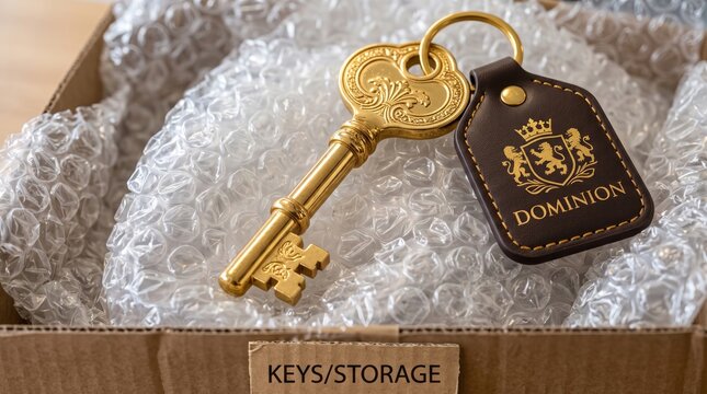 Golden key with leather keychain in shipping box