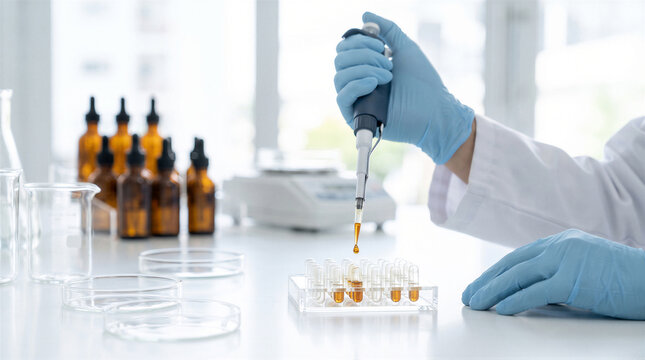 Scientist using a micropipette to dispense amber liquid into a microplate in a laboratory setting