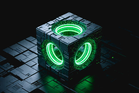 A 3D rendered futuristic metallic cube featuring glowing green energy rings, set against a dark patterned technological background.