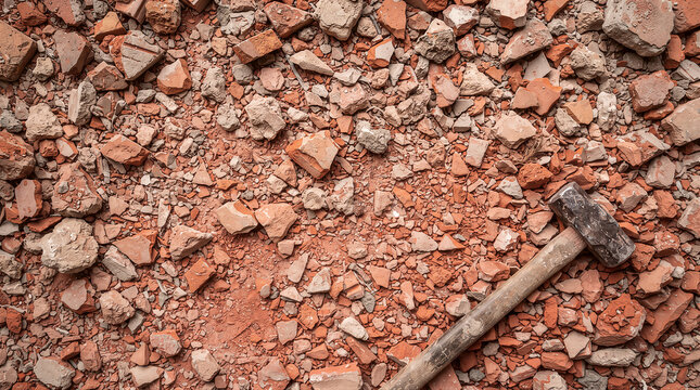 Sledgehammer resting on a pile of broken red bricks and debris after a demolition project on a construction site
