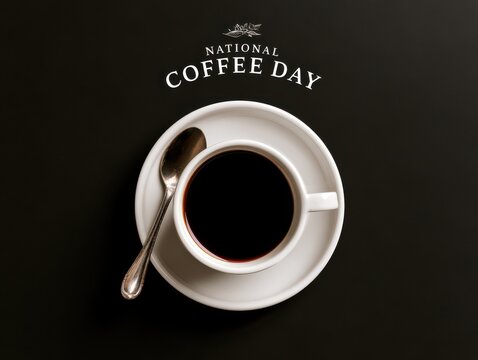 Empty coffee cup with spoon on national coffee day background