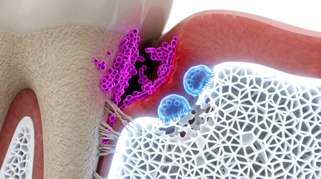 3D Microscopic Diagram of Osteoclasts Destroying Alveolar Bone in Periodontitis