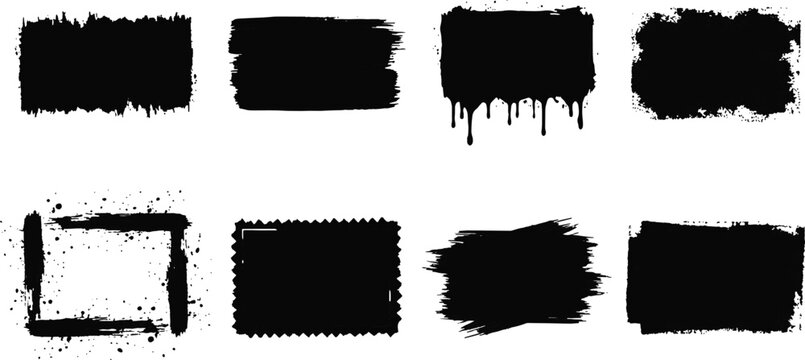 Collection of black grunge brush strokes and textured rectangular banners with paint drips brush stroke white background splatter abstract distressed rectangle illustration isolated