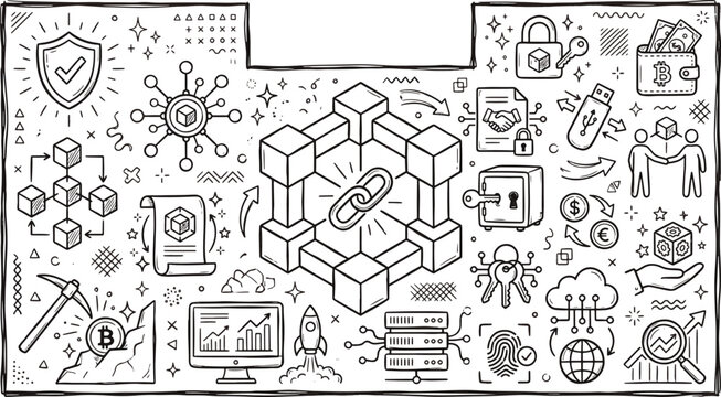 Hand drawn blockchain and cryptocurrency technology doodles concept with digital finance icons black and white line art blockchain cryptocurrency technology security illustration