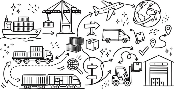 Hand drawn logistics shipping and global transportation doodles set with cargo and delivery icons supply chain black and white line art logistics shipping transportation delivery