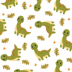 green brontosaurus cute dinosaur cartoon seamless pattern design for kids apparel © Rizki