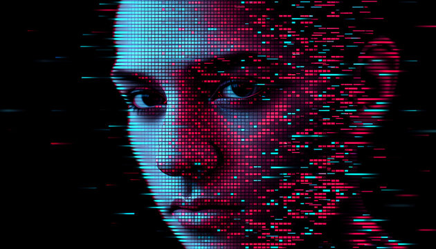 Digital glitch portrait of young woman with neon cyberpunk distortion and pixelated face effects