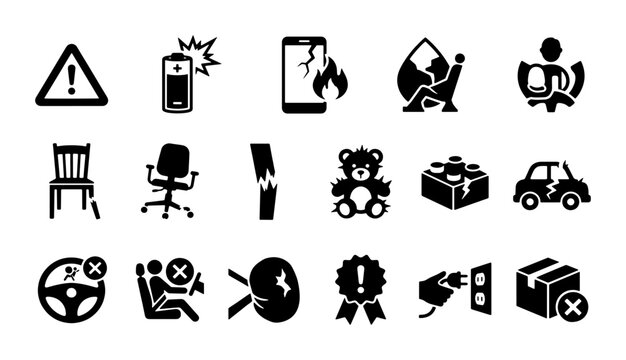 Product safety icons, 18 defective item symbols. Warning signs for broken toys, battery fire, and damaged electronics. Black vector set for consumer protection.