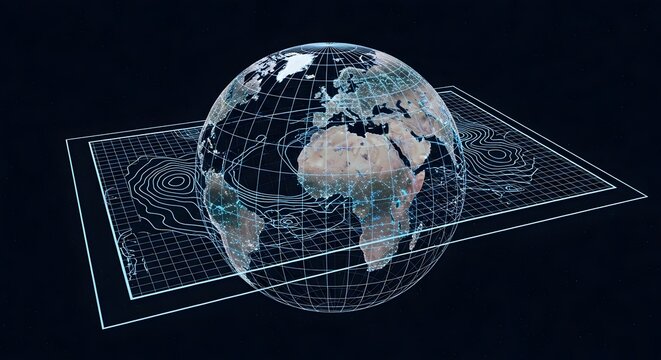 Digital hologram globe on virtual holographic blueprint grid background