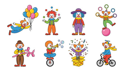 Fototapeta premium Circus Clown Character Set Juggling Balls Riding Unicycle Blowing Bubbles and Holding Balloon Animals for Birthday Entertainment Flat Vector Illustration