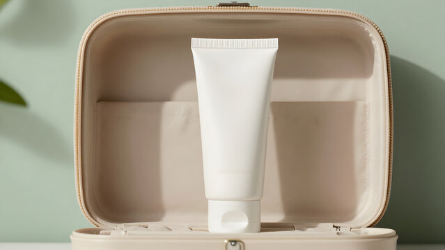 White cosmetic cream tube inside an open beige makeup case