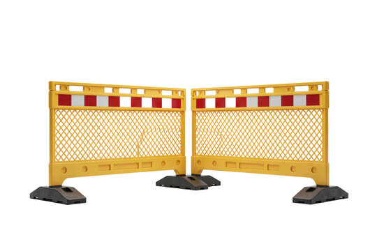 Two yellow plastic road barriers with red and white reflective strips and mesh pattern for construction site... isolated on a transparent background