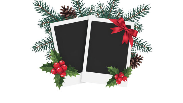 Two blank instant frames decorated with pine branches, holly berries, and a red ribbon bow isolated on a transparent background