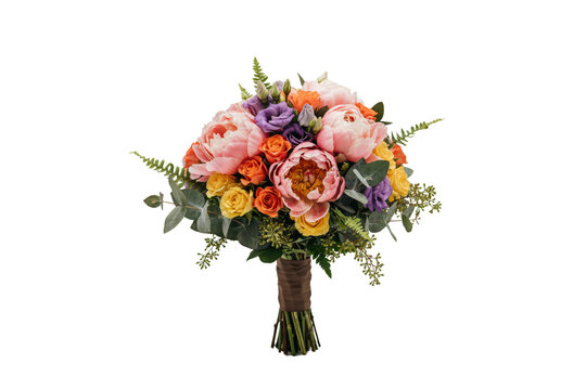 Vibrant bouquet of pink peonies, orange roses, and purple lisianthus with green ferns and eucalyptus foliage isolated on a transparent background