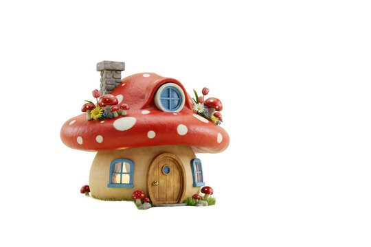 Whimsical mushroom house with red spotted roof, wooden door, and small windows for fantasy garden scenes isolated on a transparent background