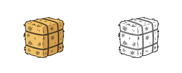 Square tied hay bale in flat colored and line art cartoon vector illustration style on white background © Dzianis