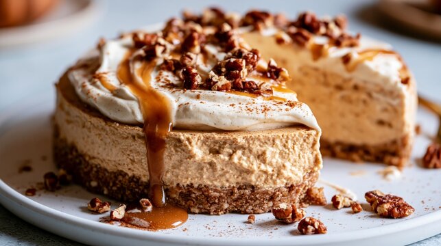 elegant low carb pumpkin cheesecake with caramel drizzle